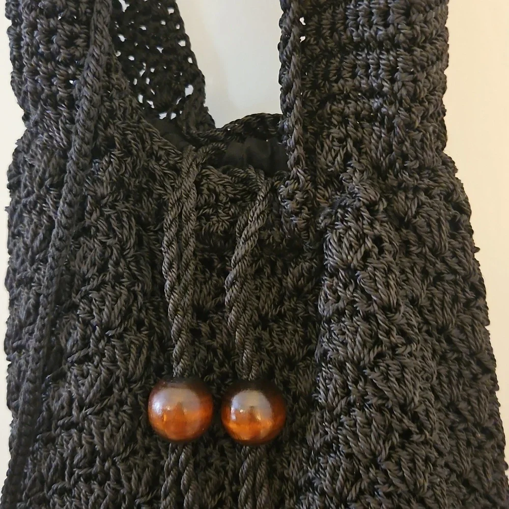 Vintage Black Crochet Drawstring Nap Sack Hobo Festival Bag with Coin Pouch